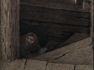 En trapp i et trehus. En skummel kvinne som ser ond ut titter opp fra kjelleren. Hun symboliserer pesten. Tegning